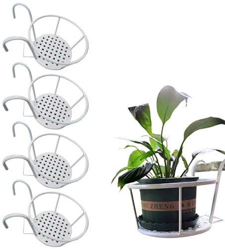 LIKEUDO 4 soportes para colgar macetas de jardín con barandilla de balcón, color blanco, soporte de hierro para macetas al aire libre