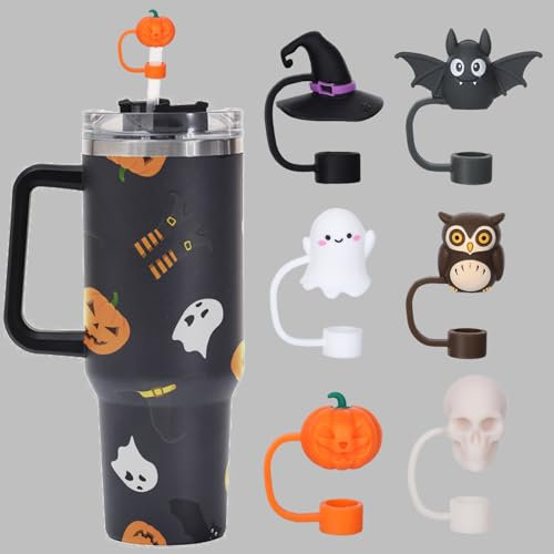 JarThenaAMCS 6Pcs Halloween Silicone Straw Covers Skull Ghost Bat Owl Portable Drinking Straw Tips Cover Reusable Straw Protector Topper for 0.4in Straws, Cup Accessories
