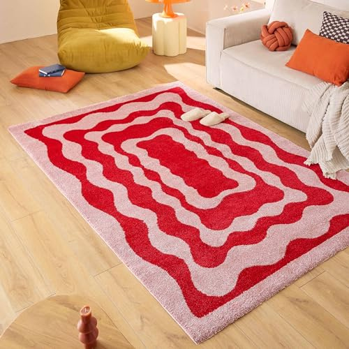Nazar Teppich Groovy, bunt, Vintage, Retro, geometrisch, Orange, Gelb, Rosa, Rot, flauschig und bequem, Wohnzimmerteppich (382 Rouge, 160x230 cm)