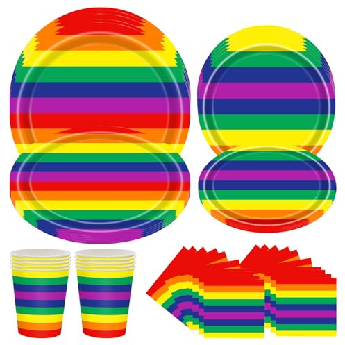 INHEMING 50 Piezas vajilla de fiesta de arcoíris, Vajilla de Fiesta de Papel Color Pastel, Platos de papel de rayas de colores,Platos de papel arco iris Vasos de papel de seda