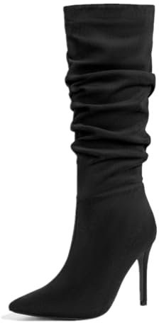 crazynekos Moderni stivali da donna plissettati a metà polpaccio in finta pelle scamosciata a punta con cerniera eleganti tacchi a spillo scarpe color suolo, Nero , 37.5 EU