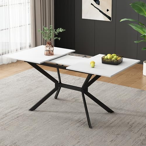 Weißer Erweiterbarer Esstisch 120/160L x 80 B x 75H(cm), Tischbeine aus schwarzem Metall, Weiss Rechteckiger Esstisch, Geeignet für Vier bis sechs Personen