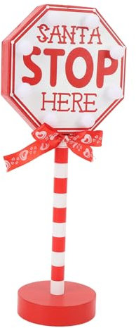KKPLZZ Santa Stop Here Pole Sign, Decorazioni Natalizie Lavagna Luminosa Natalizia Illuminata a LED Decorazione Natalizia da Tavolo in Legno con a Luce Calda a LED