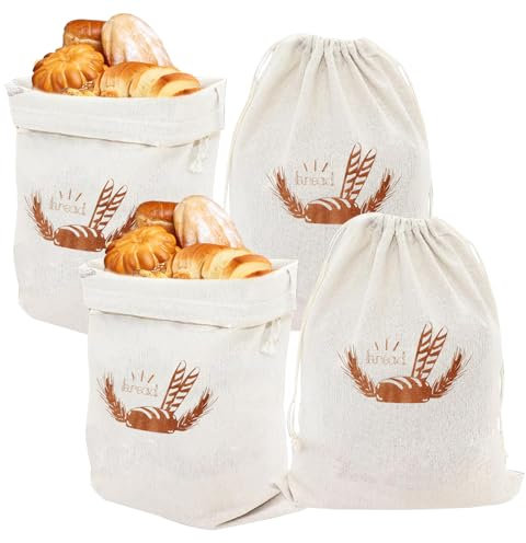 Dewocke Bread Bags, 4 Pack Natural Linen Bread Storage Bags, Reusable Food Storage Bag, Bread Storage Bags, Linen Bread Bags, for Homemade Bread, Keep Bread Fresh, Beige