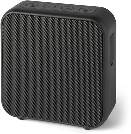 Amazon Basics Haut-Parleur Portable Bluetooth 5.3 sans Fil, Compact, 6 h d’Autonomie, Étanche IPX5, Rechargeable, Basses Améliorées, Intérieur, Extérieur, Noir