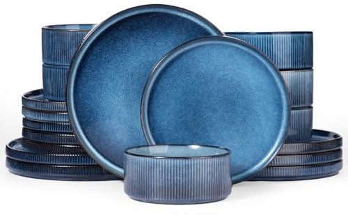 Richmount Star Plates and Bowls Set, 18 Pieces Dinner Sets for 6 People, Stoneware Dinnerware Sets with Dinner Plates/Salad Plate/Cereal Bowls, Dishwasher & Microwave Safe, Nebulas Blue
