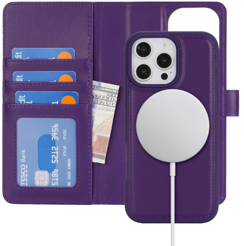 Zouzt Case for iPhone 16 Pro 6.3 Inch, 2 in 1 Detachable Wallet with Card Holder for MagSafe Magnetic Wireless Charging Premium PU Leather Flip Folio Kickstand Shockproof Cover Women, Dark Purple