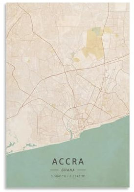 LZTEN Accra Ghana-Karten-Poster, Vintage-Druck, Leinwandposter, Wandkunst, Schlafzimmer, Büro, Raumdekoration, Geschenk, ungerahmt, 30 x 45 cm