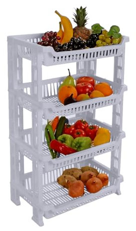 Best House 4 Layer Fruit and Vegetable Storage Basket, 4 Tier Stackable Fruit & Vegetable Shelves Plastic Basket for Kitchen Counter Slim Shelf Space Saving for Bathroom Kitchen & Office (Grey)