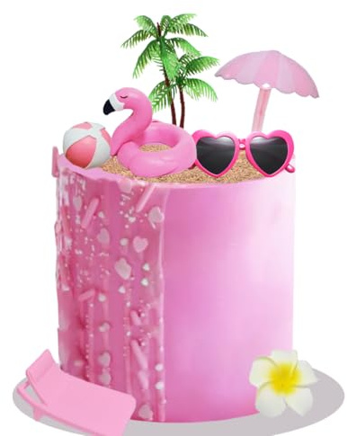 Pink Beach Cake Topper Pool Cake Topper with Beach Ball Flamingo Floats Coconut Tree and Sunglasses for Summer Birthday Theme