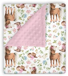 EyMzcod Mink Baby Girl Blanket Western Cowgirl Pony Floral, Horse Pink Flower Hat Boot Soft Double Layer Dotted Backing Receiving Swaddle, Newborn Infant Toddler Nursery Crib Bedding Shower Gift 30x40
