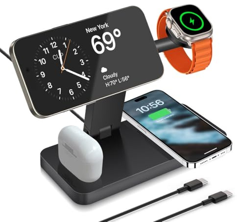 25W Magnetic Fast Wireless Charger Stand Foldable 4 in 1 Wireless Charging Station compatible with iPhone 17/Air/16/15/14/13/12, Apple Watch Ultra 3/11/10/9/8/7/6/5/4 and AirPods pro/4/3/2 (Black 25W)