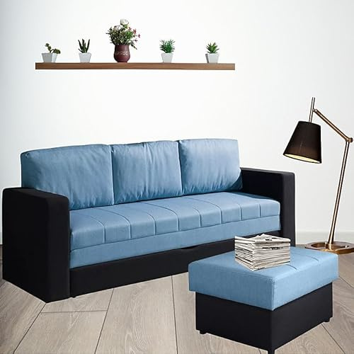 Agritrade AK CALABRINI Sofa Bed Set with Pouffe Underseat Storage and Sprung Seat - Black with Blue