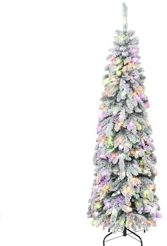 HOMCOM Árbol de Navidad Estrecho 180 cm, Árbol de Navidad Nevado con Luces LED Bicolores, Temporizador, 11 Modos de Iluminación, 540 Ramas, Soporte de Acero, Fácil de Montar, Verde