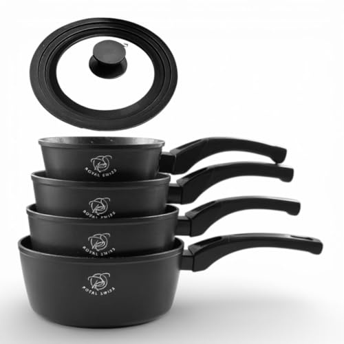Royal Swiss® 5-teiliges Töpfe-Set mit abnehmbarem Griff | Kochtöpfe 14/16/18/20 cm + Universal-Glasdeckel | Induktionsgeeignet, Platzsparendes Kochset für alle Herdarten (Schwarz, normal)