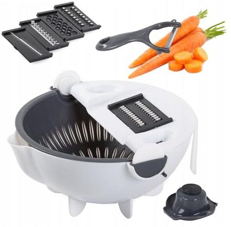 PARENCE - Cortadora de verduras multifunción 3 en 1 con bol colador - Rallador manual con 5 cuchillas intercambiables, cortadora de verduras y frutas, pelador incluido - blanca