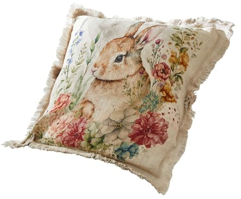 Loberon Kissenhülle Parélys - Hasenmotiv mit Blumen - Verspielter Fransenabschluss - Ländlicher Charme - Kissenbezug - Ostertextilien - Ostern - Leinen, bunt
