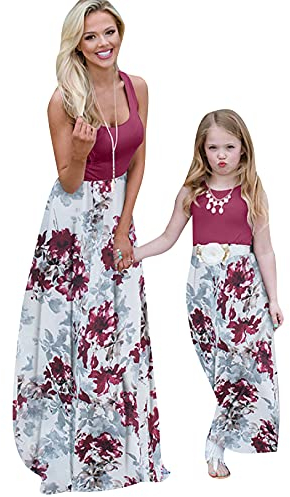 OMZIN Sommer Mode Maxi Kleid Beiläufige Familie Kleidung Mädchen Kleid Mutter Und Tochter Beiläufig Boho Ärmelloses Splice Strandkleid Weiß Rot Blume 3XL