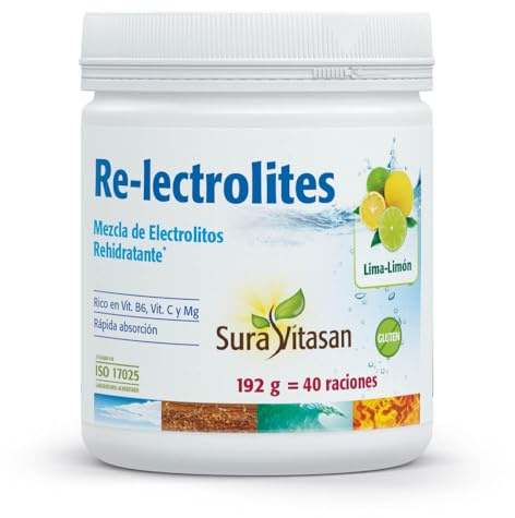 SURA VITASAN Re-lectrolites 192 g Polvo Sabor Natural Lima-Limón – Electrolitos con Magnesio, Potasio y Vitaminas C y B6 – Suplemento para el Equilibrio Electrolítico y Reducción del Cansancio