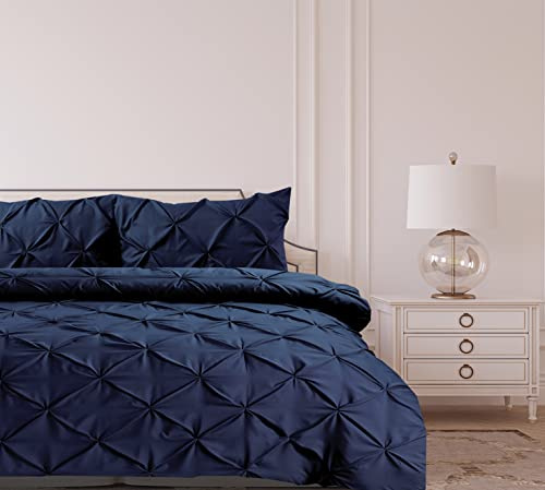 Bronwen Mathews Pintuck Double Duvet Set - Navy Pinch Pleat Soft Microfibre Double Bed Quilt Cover with 2 Pillowcases, Easy Care Wrinkle Free Bedding Set of 3 Pcs