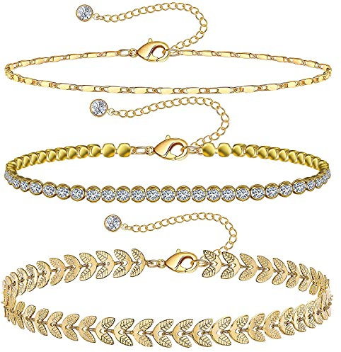 Gold Ankle Bracelets for Women 14k Gold Plated Anklet Silver Tennis Rose Quartz Cross Bead Herringbone Snake Paperclip Chain Cubic Zirconia Dainty Layered Anklet Set 3Pcs, 8.5 Inch, Brass Cubic