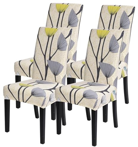 SearchI Esszimmer Stuhlbezüge 4er Set, Dehnbare Bedruckte Parsonstuhl Hussen, Abnehmbare Waschbare Stuhlschoner für Esszimmer, Hotel, Zeremonie (Grau Lotuses, 4 Stück)