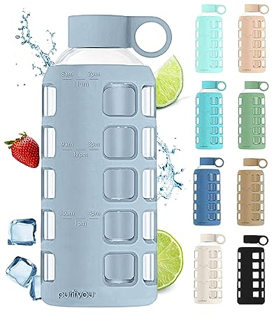purifyou Bouteilles d'eau en verre de qualité supérieure de 40/32/22/22/355 ml avec volume et temps de boire, manchon en silicone et insert de couvercle en acier inoxydable, bouteille réutilisable