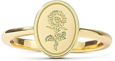 Drawelry Damen Sterling Silber Ringe:18 Karat Vergoldete Mohn Sonnenblum Blume Gravierter Siegelring für Frauen Minimalistisch Minimalistisch Schmuckgeschenk für Mädchen (56(17.7), Gold-2)