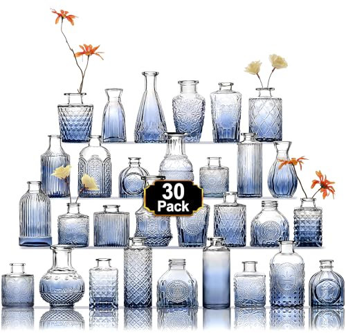 Arme Lot de 30 vases à bourgeons bleus pour centres de table, vases transparents en vrac, mini vases vintage mignons pour centres de table, petits vases en verre pour décoration de mariage, décoration