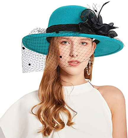 Filzhut Damen Fedorahut mit Schleier Schlapphut mit Blumen Hut Breit Krempe Winter Wollehut Elegant Party Britischer Stil Zylinder Retro Herbst Karneval Wintermütze Mottoparty