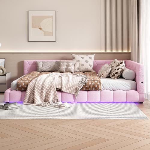 FEZTOY Polsterbett 140x200 mit LED und USB-Anschluss, Bettgestell mit Lattenrost,Tagesbett Schlafsofa Bett Bettsofa Gästebett Jugendbett Einzelbett, ohne Matratze (Rosa, 140x200)