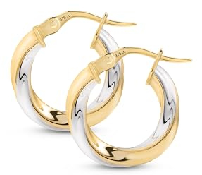 Amberta Creolen Zweifarbig Ohrringe Damen | Weiss und Gelbgold Creolen | Gedrehte Ohrringe Gold | Echt Gold Creolen: Creolen Gold 10 mm