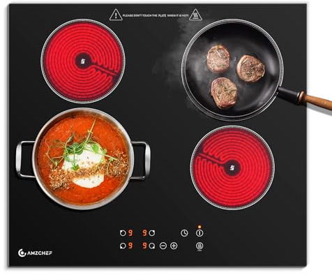 AMZCHEF Glaskeramikkochfeld 4 Zonen, Einbau Keramikkochfeld 60CM mit 9 Leistungsstufen, Touch-Bedienung, Timerfunktion, Sicherheitsschloss, Überhitzungsschutz, Abschaltautomatik, 6000W