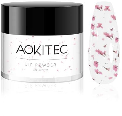 Aokitec Clear Dip Powder with Pink Dried Flowers, Nail Dipping Powder for Nail Starter Professional Nail Art Salon Home DIY Decoration Nail Powder, No Needed Nail Lamp