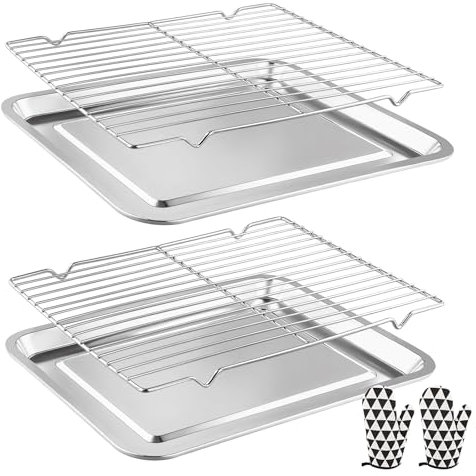 Mapille Bandeja Horno Acero Inoxidable, Bandeja Horno con Rejilla Enfriamiento y Guantes Hornear, Bandeja Asar Rectángulo, Juego de Bandeja Cocina para Hornear, Asar, Escurrir las Verduras, 40x30x2CM