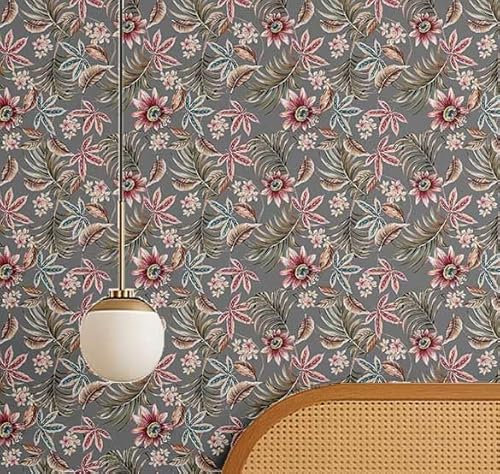 S4Sassy Revestimiento de pared autoadhesivo, elegante estampado floral tropical con textura de enredaderas, gris, ideal para renovar paredes al instante, vinilo autoadhesivo, 63 x 91 cm