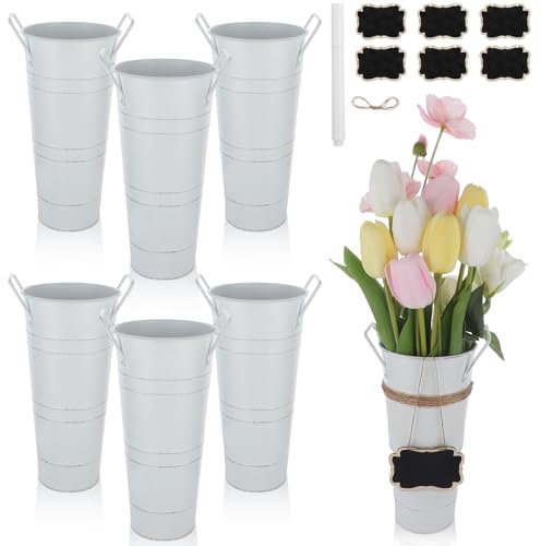YXSJAS 6 Pcs Flower Buckets 10 Inch Galvanized Metal Vases Bulk with Handles Rustic Beige Tin Flower Bar Supplies Including Wooden Blackboards Liquid Chalk Hemp Rope for Wedding Table Decor (White)
