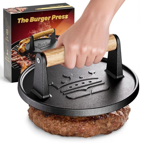Smash Burger Press 6.5”,Cast Iron Flat Round Edge Grill/Bacon/Meat/Hamburger/Chef Press with Wood Handle,1.74lb hamburger press patty maker for Griddles,Nonstick burger smasher for griddle accessories