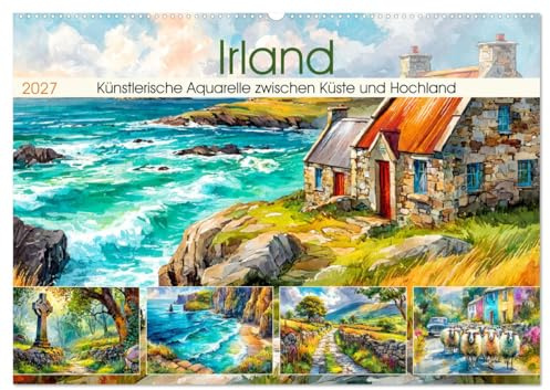 Irland. Künstlerische Aquarelle zwischen Küste und Hochland (Wandkalender 2027 DIN A2 quer), CALVENDO Monatskalender: Die raue Schönheit und ... in leuchtenden Aquarellen (CALVENDO Kunst)