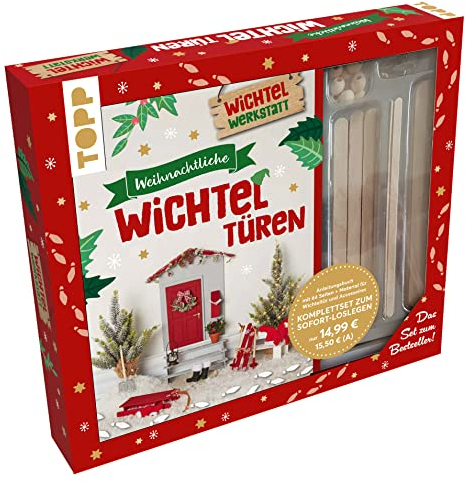 Kreativ-Set Weihnachtliche Wichteltüren. Anleitungsbuch + Material. Set zum SPIEGEL-Komplettes Bastelset mit Bastelbogen, Holzspatel, Holzperlen, Pappe, Schleifpapier, Fußspuren-Schablone