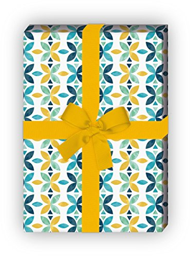 Grafisches Blüten Geschenkpapier im Retro Stil, türkis, universal Packpapier um schöner zu schenken (4 Bogen, 32 x 48cm)