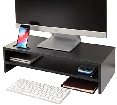Ttap Supporto per monitor in legno nero a due ripiani, per computer portatile, TV, schermo da scrivania, 54 cm di lunghezza x 24,5 cm di profondità x 14,4 cm di altezza (con supporto per smartphone)