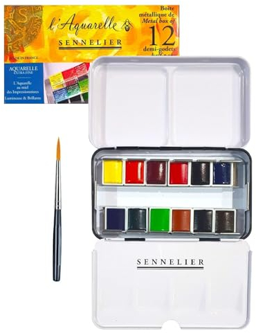 Sennelier Boîte de Peinture Aquarelle Extra-Fines,12 demi-godets Boîte en métal,Made in France