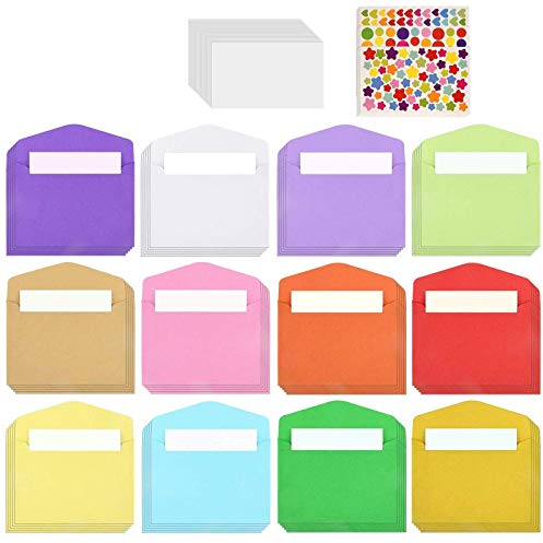 Globaldream Mini Briefumschläge, 72 Stück Mini Umschläge, 100 Stück Weiße Leere Karten und 3 Blatt Aufkleber Umschlag für DIY Hochzeit Geburtstagsfeier