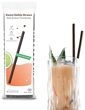 Wisefood - Süße Essbare Strohhalme - Trinkhalm als Alternative zu Glasstrohhalme Edelstahlstrohhalm - 22,5cm lang Ø 6mm 3x30 Stück - braun