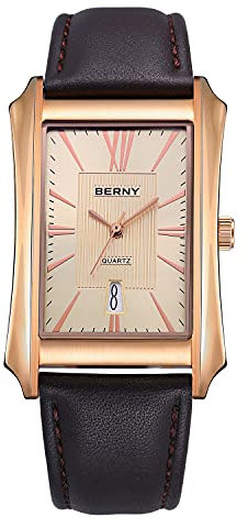 BERNY Rechteckige Herrenuhr Quarzuhr Edelstahlgehäuse Mit Lederarmband Business Casual Uhr