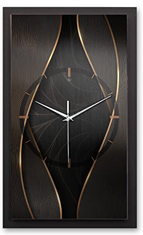 Kreative Feder 3D Designer-Wanduhr Black & Gold in modernem Metallic-Look 50x30cm rechteckig analog lautlos ohne Ticken (Black & Golden Waves, leises Quarzuhrwerk)