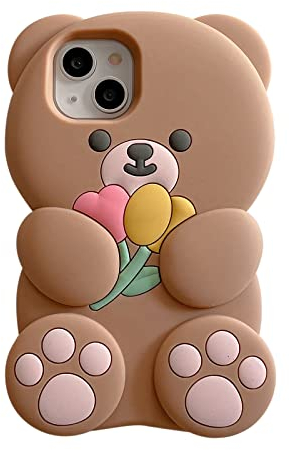 YAKVOOK Kawaii Phone Cases Compatible with iPhone 13,Cute Cartoon Flower Teddy Bear Brown Case Women Girls 3D Soft Silicone Shockproof Cover for iPhone 13