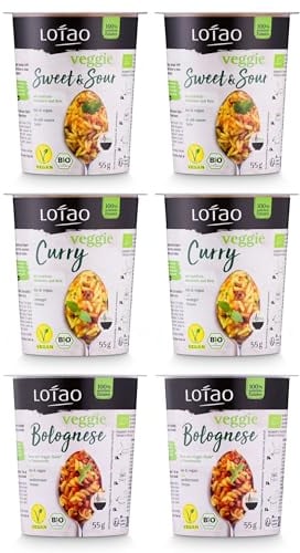 LOTAO Instant Gerichte im 6er Mix Set | Vegane BIO Fertiggerichte im Becher und ohne Zusatzstoffe | 3x Bolognese Nudeln und 3x Curry | Ideales Essen für Camping, Outdoor und Festival