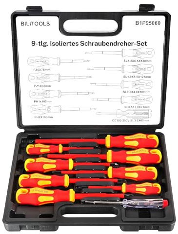 BILITOOLS Isoliertes Elektriker Schraubendreher Set 9tlg VDE 1000V | VDE Schraubenzieher Set 1000V mit Spannungsprüfer Magnetisch Schlitz Phillips Pozidriv, Elektriker Werkzeug